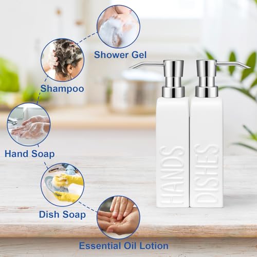 Ceramic Soap Dispenser Set for Bathroom and Kitchen, 2Pack Refillable Dish Soap and Hand Soap Dispenser - color: White-silver