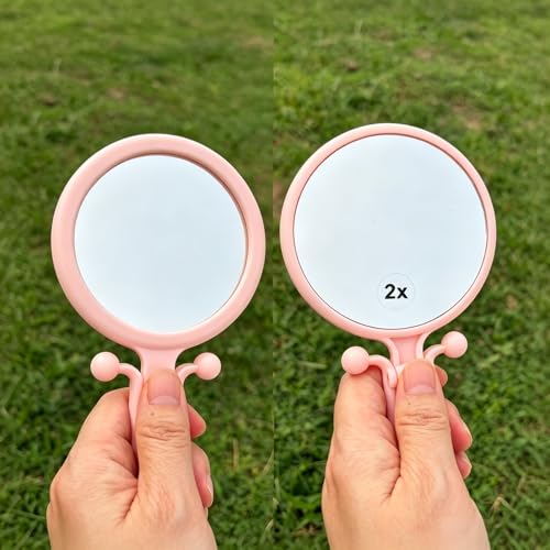 Magnifying Handheld Mirror Double Sided, Travel Makeup Hand Mirrors with 1X 2X Magnification, Small Hand/Desk Vanity Mirror (1Pc Pink) - color: 1pc Pink