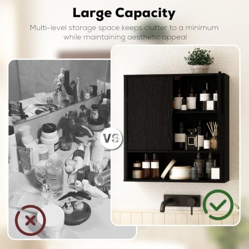RUSTOWN Wall Mounted Bathroom Cabinets with Rounded Edges & Curved Handles | Adjustable Shelf, 3-Tier Over The Toilet Storage Cabinets, Modern Medicine Cabinet for Laundry Kitchen Living Room - color: Rustic Black