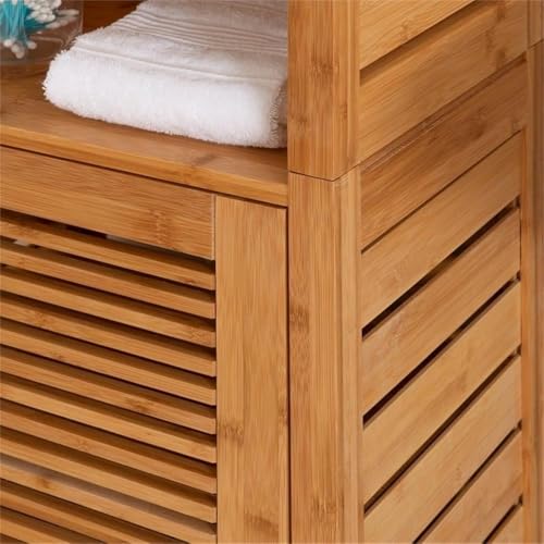 Pemberly Row Tall Bamboo Linen Cabinet, 61.75 in Height, 6-Shelf Tower, Natural Brown Finish, Solid Bamboo Construction, Versatile Storage for Bathroom or Home Organization