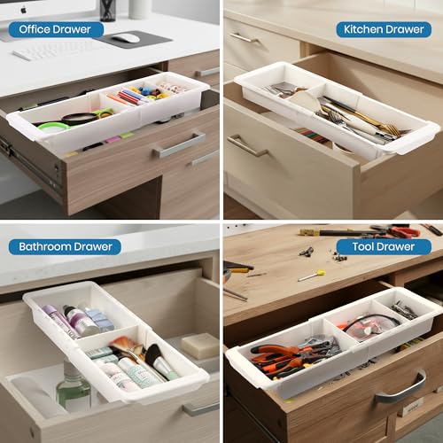 Enhon Deep Drawer Organizer Bins, Expandable Kitchen Tray | Adjustable Sliding Bins, Utensil BBQ Tool and Towel Storage, Kitchen Drawer Organization