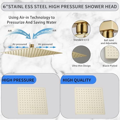 Square 6 Inch Stainless Steel Shower Head High Pressure Rainall Shower Head Brushed Gold Ultra Thin Design-Best Pressure Boosting - color: Brushed Gold, size: Square
