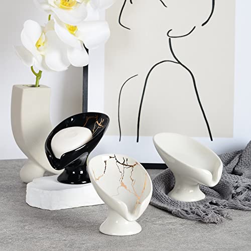 Soap Dish, Ceramic Soap Holder Self Draining Leaf Shape Bar Soap Holder, Marble Look Black Drain Soap Dish Holder for Bathroom, Easy to Clean Keeps Soap Dry, ANTIS'S HOME - color: 1pcs-black