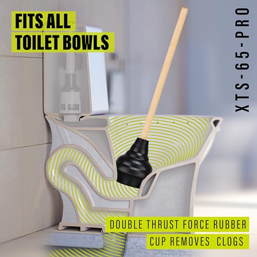 SteadMax XTS-65-PRO Heavy Duty Toilet Plunger, Commercial Grade, Powerful Double Thrust Force Rubber Cup with Wood Handle, for Clogged Bathroom, Shower, and Kitchen, 2 Pack (22" x 5.75") - size: 2 Pack - PRO
