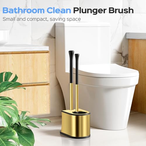 HAMITOR Toilet Plunger and Brush Set: 2 in 1 Stainless Steel Combo with Curved Bristles - Heavy Duty Toilet Unclogging for Family Bathroom - Compact Hideaway Apartment Cleaning Accessories - Gold - color: Gold