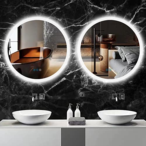 THEKLA Backlit Round LED Bathroom Mirror, 24 inch, 3 Color Dimmable, Anti-Fog, Wall Mount, Smart Light up Mirror - color: 24"l X 24"w