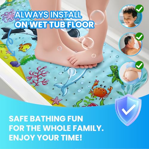 Baby Bath Tub Mat, 40 x 16 Inch Extra Large Non Slip Kids Cartoon Bathtub Shower Mats with Suction Cups & Drain Holes, Machine Washable for Bathroom, Undersea Whale & Dolphin - color: Undersea-whale