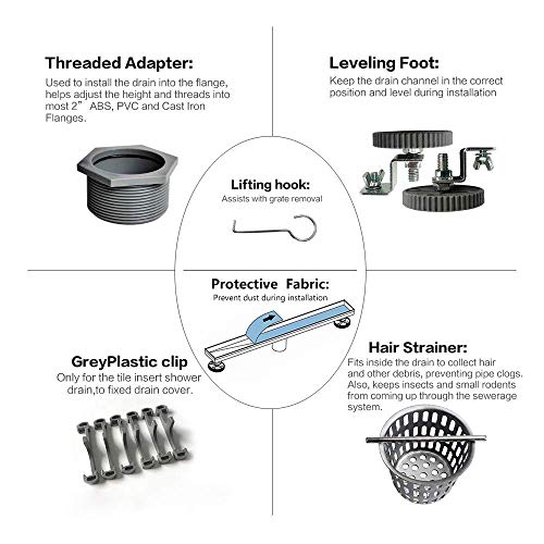 Neodrain 28-Inch Linear Shower Drain-Brushed,with Tile Insert Grate | 304 Stainless Steel, Fast Drainage, Rectangle Shower Floor Drain with Leveling Feet & Hair Strainer, Fits Bathroom, Balcony - color: Brushed, size: 28 IN