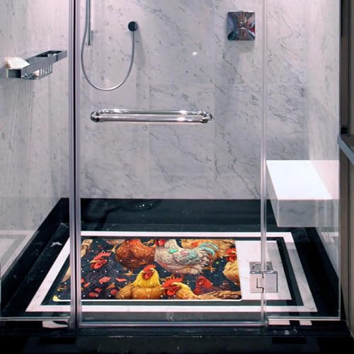 Bath Tub Mat Non Slip 15.1 x 26.8 Inch, Seamless Chickens and Roosters Pattern Eco Friendly Bathmat with Suction Cups Drain Holes Shower Tub Mats - color: Multi 09