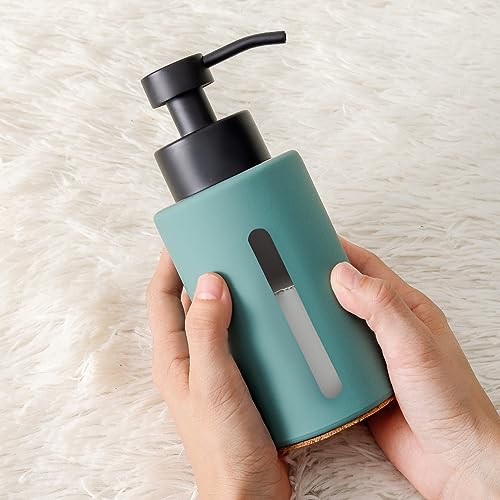 Enra Thick Glass Soap Dispenser with Clear Window,12oz Green Bathroom Soap Dispenser with Lotion Pump Hand Liquid Soap Dispenser Countertop Lotion Bottle for Bathroom - color: Green