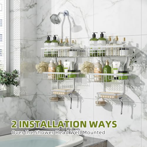 Simple Trending Shower Caddy Hanging, Shower Organizer with Large Capacity | Rustproof Shower Shelves with Hooks for Inside Shower, No Drilling Over Showerhead, Suction & Adhesive Install, Silver