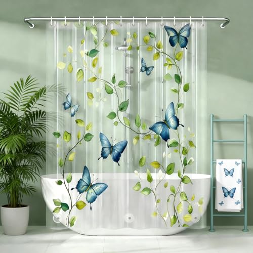 Clear Green Vine Blue Butterfly Shower Curtain Liner, Plastic Transparent Green Plant Shower Curtains for Bathroom, 72x78 Weighted Magnetic Shower Curtain Set with 12 Hooks - color: Clear Leaves Blue Butterfly, size: 72"W x 78"L (Pack of 1)