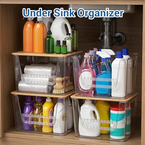 3 Set Pantry Organizers and Storage with Bamboo Lids, Stackable Clear Plastic Bins with Handles and Removable Front Baffle for Potato, Onion, Garlic, Fruit, Vegetables, Kitchen Counter and Under Sink