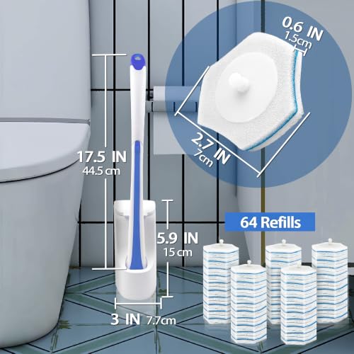 JEHONN Disposable Toilet Brush with 64 Wand Cleaner Refills, Wall Mounted Toilet Bowl Brush Holder Set, Bathroom Cleaning System for Sink Bathtub Wash Basin (Blue)