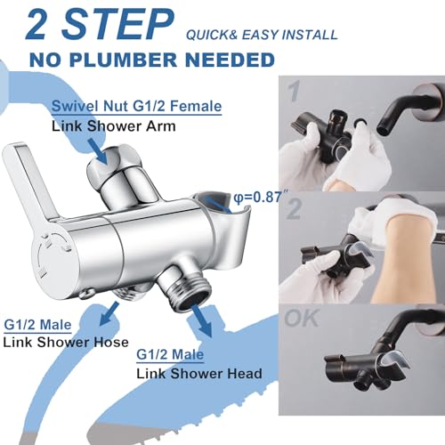3 Way Shower Diverter Valve with Hand Shower Holder, G1/2 Shower Head Splitter, Shower Arm Diverter (Chrome) - color: Polished Chrome
