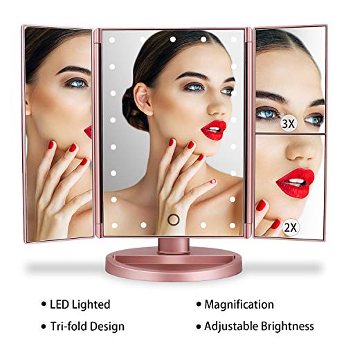 Dresser Mount Tri-Fold Lighted Vanity Mirror with 21 LED Lights, Touch Screen and 3X/2X/1X Magnification, Two Power Supply Modes Make Up Mirror,Travel Mirror - color: Rose Gold