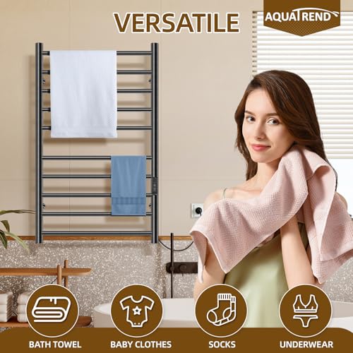 10 Bar Electric Towel Warmer Rack, Heated Towel Rack Wall Mounted, Black | Smart LED Control Time & Temp, IPX4 Waterproof Stainless Steel, Plug-in, Fast Heating Large Capacity for Bathroom Spa Gym - size: 10 Bars