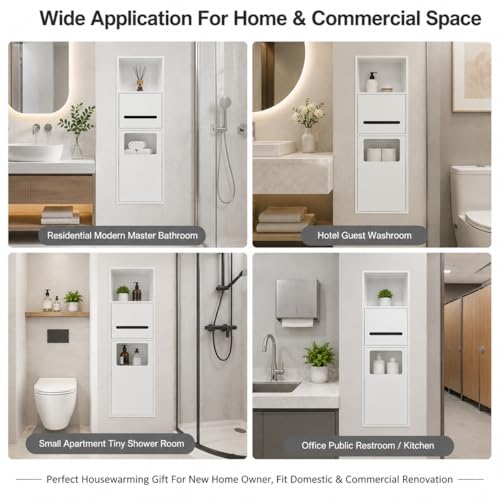 Recessed Toilet Paper Holder, Stainless Steel Shower Nich, Waterproof Bathroom Niche, Built-in Hidden Trash Can Tilt Out Trash Bin Cabinet for Kitchen Living Room Bedroom Hotel Residential (White) - color: White