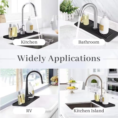 24 inch Faucet Mat for Kitchen Sink Splash Guard, 7° Slope Silicone Sink Water Splash Guard for Kitchen Sink Area with Snap Button, Longer Sink Protectors for kitchen Sink Sponge Holder, (Black )