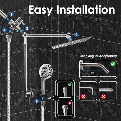 10" Metal Rainfall Shower Head with Handheld Combo, High Pressure Shower heads with 10 Spray Modes, Adjustable Extension Arm,71 Inches Hose and Integrated holder for Easy Fixing,Chrome