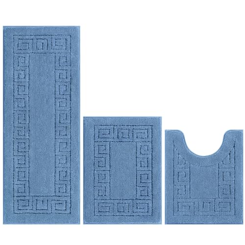 Pauwer Bathroom Rugs Sets 3 Piece, Plush Absorbent Bath Rug, Blue | Microfiber Bath Mat Set, Non Slip Washable, Quick Dry Floor Carprt, Soft U Shaped Toilet Mats For Bathroom Shower Sink - color: Blue