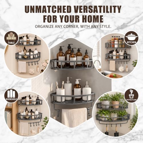 Shower Caddy Hanging Gray, 2 Pack Rustproof Adhesive Corner Shower Shelves | 40 Lb Secure Hold, Powder-Coated Stainless Steel, Fast-Draining Wire Baskets, 5 Removable Hooks, Fit 90-Degree Tile and Glass