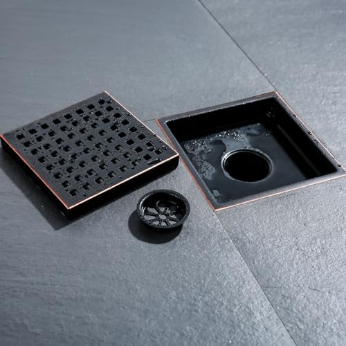 RANDOM 6 Inch Square Shower Floor Drain with Oil Rubbed Bronze Removable Quadrato Pattern Grate, PVC Shower Drain Base Flange,Include Hair Strainer,SUS 304 Stainless Steel - color: C-oil Rubbed Bronze-6″ Square With Base Flange