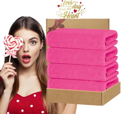 VOOVA & MOVAS Hot Pink Bath Towels 4PC, 100% Cotton, 30x56 in | Quick Dry, Thick, Soft, Absorbent, Luxury Shower Towels With Hanging Loops, Towel Gift Set - color: Hot Pink, size: 4 PC Bath Towel Set