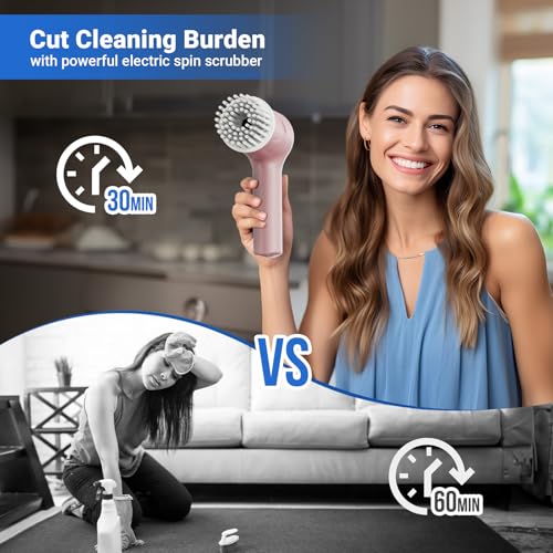 PUFTEM Electric Spin Scrubber, Cordless Shower Scrubber, Pink | Battery Level Display, Dual Speed, 6 Replaceable Brush Heads, IPX7 Waterproof, Long Runtime, Tub, Tile & Sink Cleaning - color: Pink