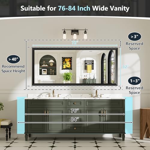 72x32 Inch Black Bathroom Mirror for Wall, Beveled Framed Rectangle Bathroom Vanity Mirrors for Over Sink, Bedroom, Living Room, Entryway, Anti-Rust, HD Tempered Glass, Horizontally/Vertically - size: 72"L x 32"W