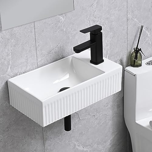 Bathroom Vessel Sink Wall Mount Sink White Wall Mounted Rectangular White Porcelain Ceramic Washing Small Bathroom Vanity Sink with Faucet and Drain - color: White 2