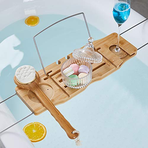 Ruby Lil Bamboo Bathtub Caddy Bathroom Tray,Bathtub Caddy Tray Expandable with Ipad/Book Holder/Wine Glass Holder,Bath Shelf Foldable,Natural