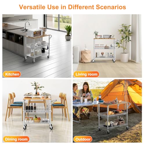 NTE Rolling Kitchen Carts on Wheels, 650Lbs Capacity 3 Tier Utility Cart with Wood Tabletop, Kitchen Storage Cart with 8 Hooks, Metal Serving Cart with Handle and Shelf Liners for Kitchen, Restaurant - color: Wood-silver