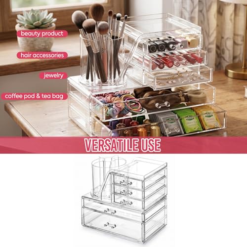 ShineMe Acrylic Makeup Organizers, 2 Tier Stackable Cosmetic Organizer for Vanity with 360° Rotating Makeup Brush Holder & 5 Drawers, Clear Hair Accessory Organizer Countertop for Dresser, Bathroom - size: 2tires, 5 drawers