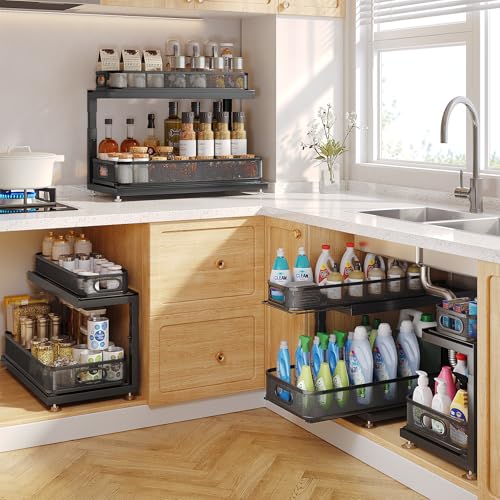 1 Pack-16"D Under Sink Storage Organizer with 2-Tier Slide Out Drawer, Sophisticated Mesh Pull Out Shelf for Kitchen & Bathroom, Fits Small Items, Upgraded Arched Track for Smooth Gliding-Black