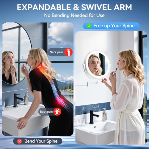 Auxmir 9โณ 5000mAh 1X/30X Wall Mounted Lighted Magnifying Makeup Mirror | Power Adapter&2 Tweezers Included/ 3 Dimmable Colors/ Dual Sided Button Control/ Rechargeable/ 360ยฐ Rotation Extended Arm - color: 9'' 30x-white+adapter