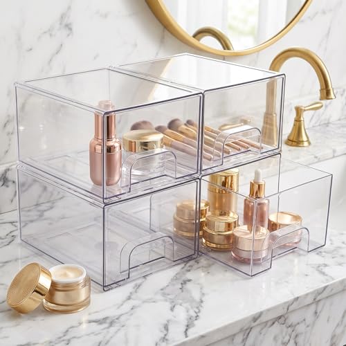 4 Pack Small Clear Stackable Storage Drawers | Acrylic Bathroom Makeup Organizer Plastic Storage Bins For Vanity Undersink Kitchen Cabinets Pantry Home Organization