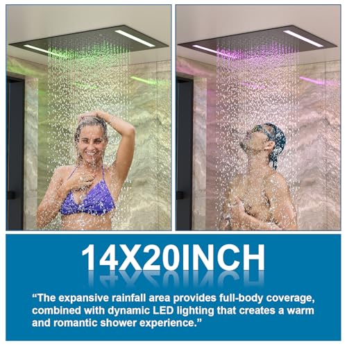 Enga Dual Rain Shower System with Up/Down Waterfall Bathtub Spout, Ceiling Mount 14 x 20 Inch LED Shower Head Rainfall Shower Faucet Set, Matte Black - color: Matte Black, style: 14X20" Led Shower - Tub Spout