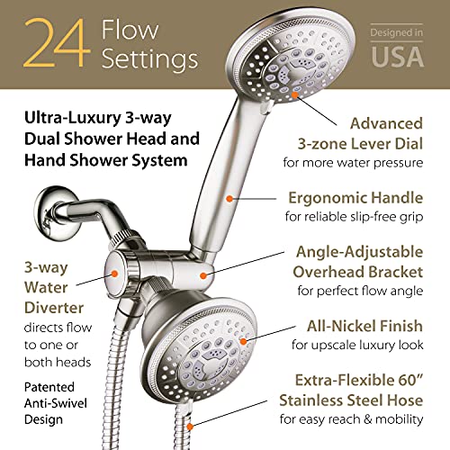 High Pressure 24-Function Dual 2-in-1 Handheld Shower Head Combo | With Self-clean Nozzles, 3-way Anti-swivel Water Diverter, and Premium Stainless Steel Hose / Nickel Finish - color: Brushed Nickel, size: 1.8 Gallons Per Minute