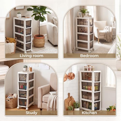 Huwena Plastic Slim 4 Drawers Narrow Storage Cart 28" x 15" x 7.5" Bathroom Narrow Drawer Cabinet with Wheel Container for Small Space Laundry Kitchen Office Bedroom Closets Under Desk