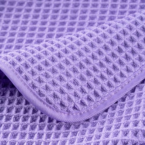POLYTE 430 GSM Poly Blend Microfiber Quick Dry Waffle Bath Towel Set of 6 | 2-Body Towels, 2-Hand Towels, 2-Wash cloths, Oversize, Lint Free - color: Purple