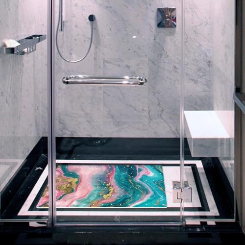Shower Mat Bathtub Mat, 26.8x15.1 inch, Non-Slip Bath Mat with Drain, Quick Drying PVC Bathmat for Tub, Shower, Bathroom, Pink Teal Marble Texture - color: Multi 13