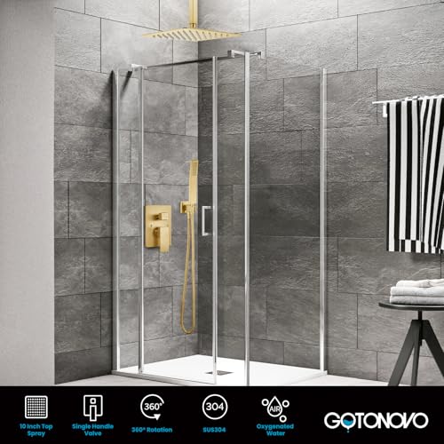 gotonovo Ceiling Shower System with Handheld Brushed Gold,10 inch Head | Ceiling Mount Bathroom Shower Faucet Set,SUS304 Rainfall Head and Handle Set Combo,Brass Valve Trim Kit,All Metal - color: Gold, size: 10 inch Head