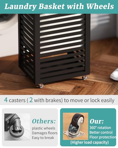 Laundry Basket with Wheels, Rolling Laundry Hamper, Bamboo Wood Laundry Cart with Removable Bag (Black—Beige Bag) - color: Black—Beige Bag