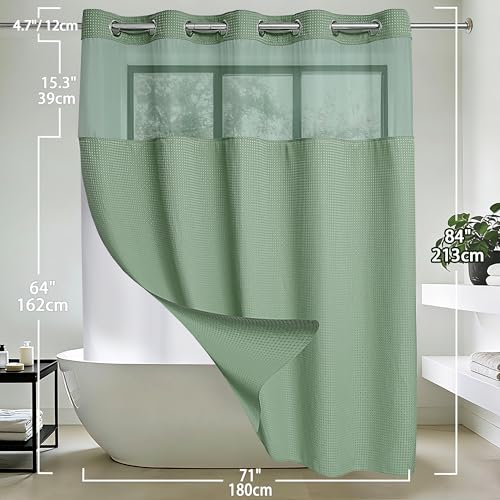 Conbo Mio Extra Long No Hook Sage Green Waffle Weave Shower Curtain with Snap in Liner Set, Hotel Luxury Shower Curtains for Bathroom with See Through Top Window, Waterproof, Washable 71W x 84H - color: Sage Green Style, size: 71"W x 84"L (Pack of 1)