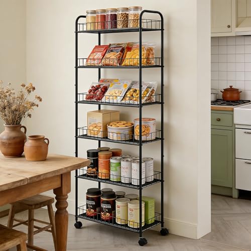 10in 6-Tier Slim Storage Cart with Wheels, Metal 10in Wide Black Narrow Rolling Shelf, Sturdy Slim Storage with Hooks Ideal for Kitchen, Bathroom, and Laundry Room - size: 10in 6-Tier Cart