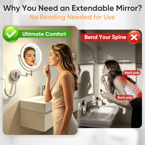 FUNTOUCH Plug in Wall Mounted Lighted Makeup Mirror 1X/30X Magnifying | AC Powered Double-Sided Magnification Bathroom Mirror with Lights,3Lighting Mode,Extended Arm 360 Rotation Light up Mirrors - color: Nickel