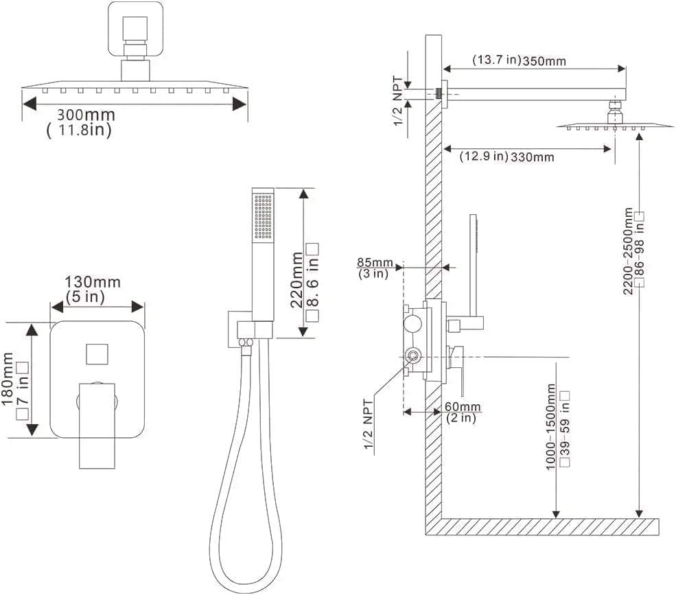 Matte Black Shower System 12 Inch Bathroom Luxury Rain Mixer Shower Combo Set Wall Mounted Rainfall Shower Head and Handheld System Shower Faucet Set Rough-in Valve Body and Trim Kit - color: Matte Black, size: 12 Inch