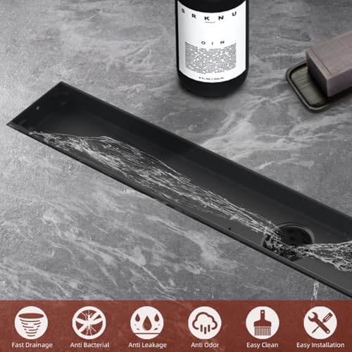 Linear Shower Drain with Tile Insert Panels, 24 Inch Black 304 Stainless Steel Rectangle Shower Floor Drain, with Hair Catcher, Adjustable Feet, Fits Bathroom, Balcony - color: Matte Black, size: 24inch