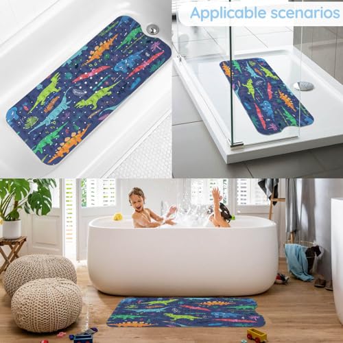 Bathtub Mats for Kids, Cartoon Blue Dinosaur Bath Mat for Tub Non Slip, 40 X 16 Inch Large Washable Bathtub Mat Non Slip for Showers with Drain Holes and Suction Cups - color: Blue Dinosaur